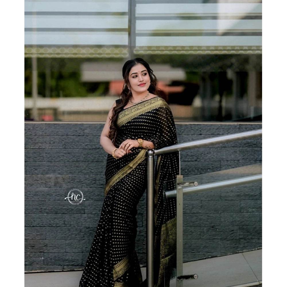 Generic Women's Silk Woven Kanjivaram Saree With Unstitched Blouse (5.5Mtr, Black) - MYLUXURY LANE ENTERPRISE