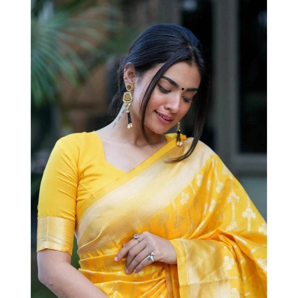 Generic Women's Silk Blend Self Design Banarasi Saree With Unstitched Blouse (5.5Mtr, Yellow) - MYLUXURY LANE ENTERPRISE