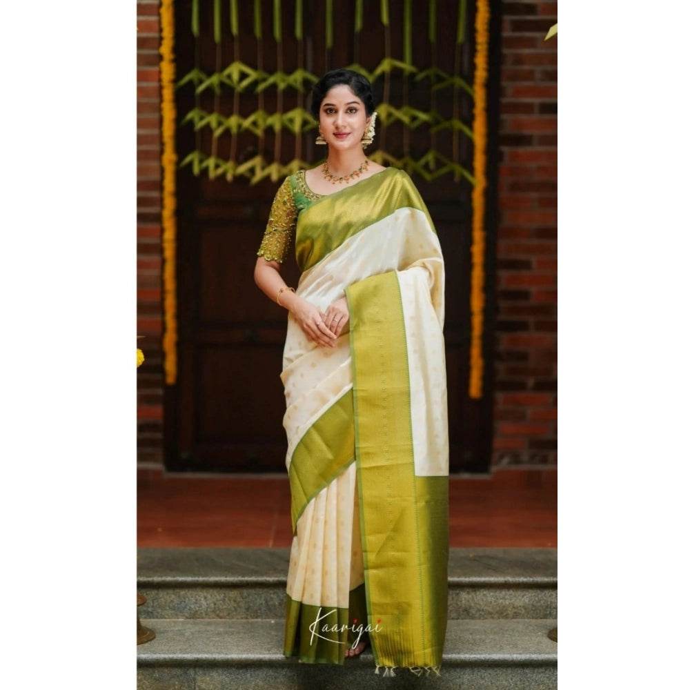 Generic Women's Silk Blend Self Design Banarasi Saree With Unstitched Blouse (5.5Mtr, White Green) - MYLUXURY LANE ENTERPRISE