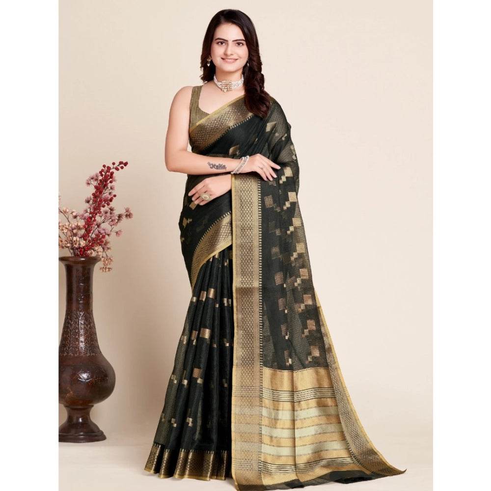 Generic Women's Silk Blend Printed Banarasi Saree With Unstitched Blouse (5.5Mtr, Black) - MYLUXURY LANE ENTERPRISE