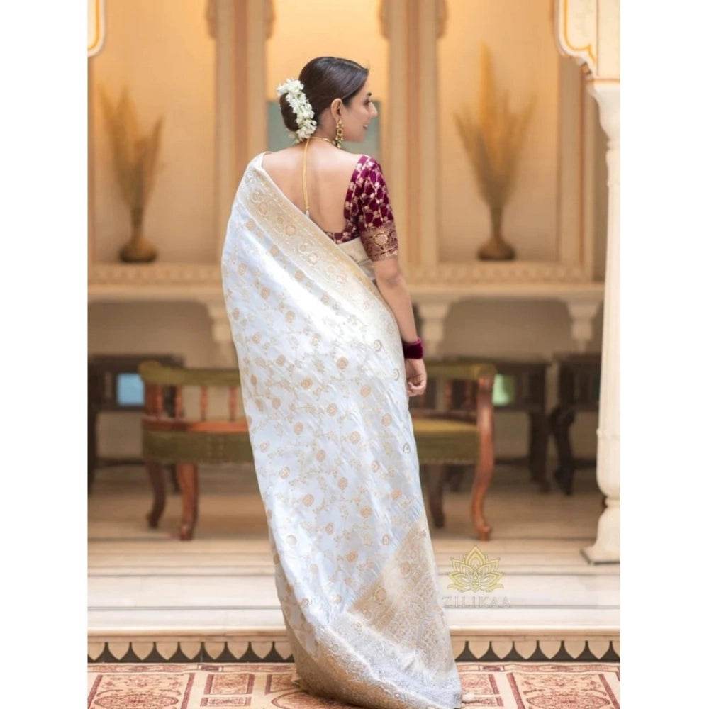 Generic Women's Silk Woven Kanjivaram Saree With Unstitched Blouse (5.5Mtr, White) - MYLUXURY LANE ENTERPRISE