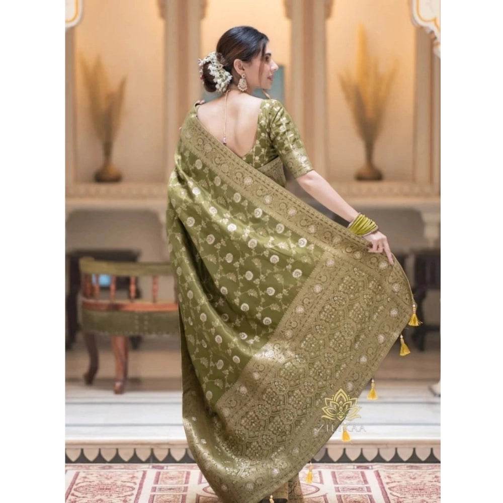 Generic Women's Silk Woven Kanjivaram Saree With Unstitched Blouse (5.5Mtr, Mehendi Green) - MYLUXURY LANE ENTERPRISE