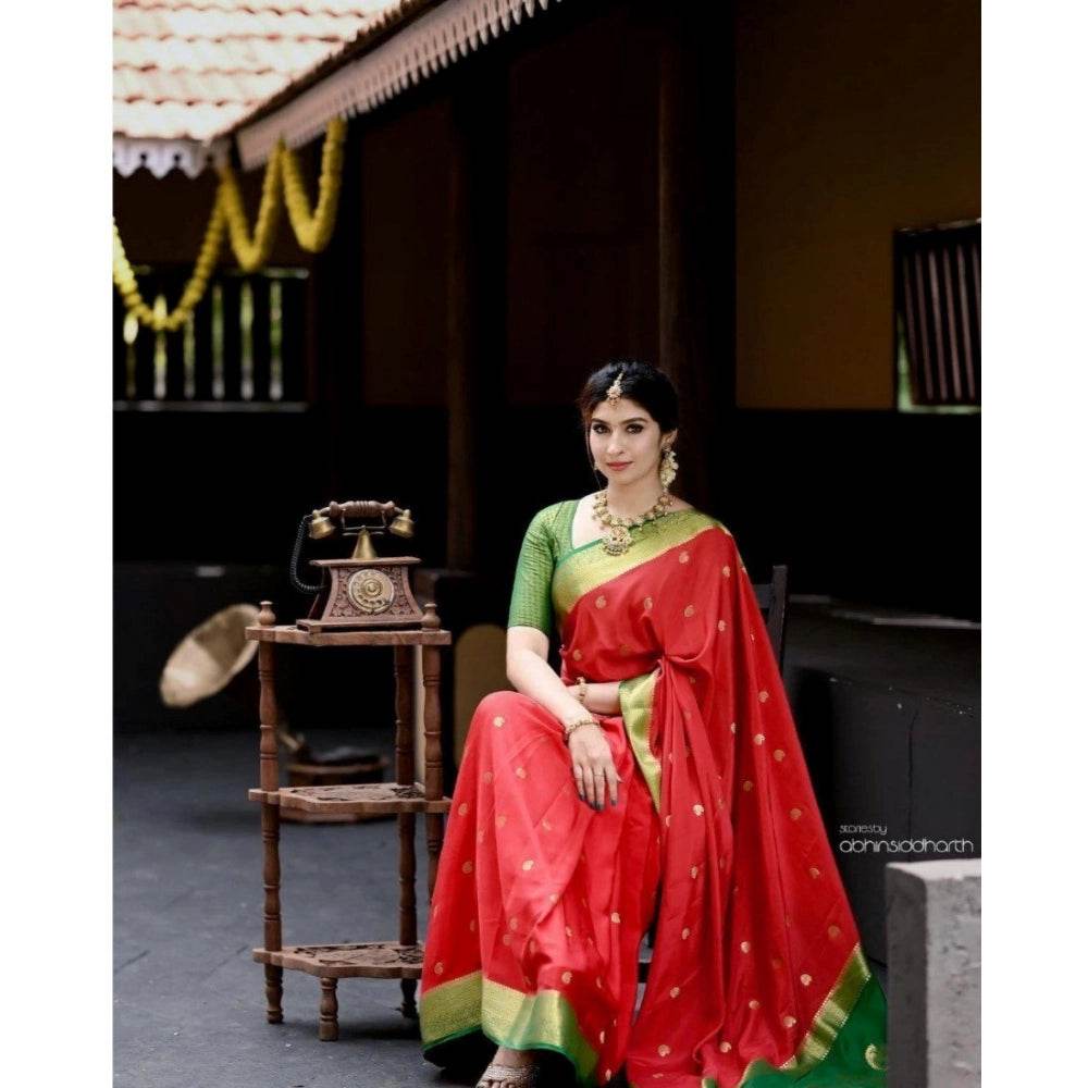 Generic Women's Silk Blend Self Design Banarasi Saree With Unstitched Blouse (5.5Mtr, Red Green) - MYLUXURY LANE ENTERPRISE