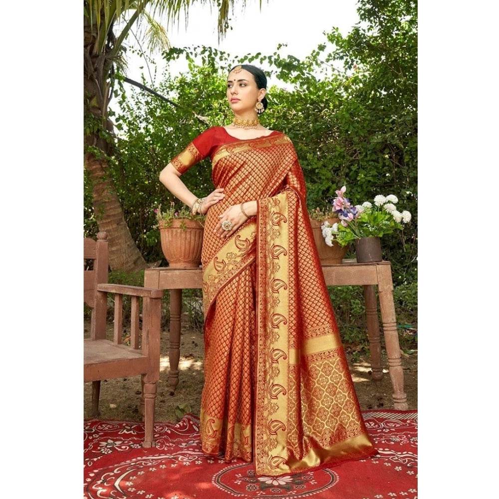 Generic Women's Silk Woven Kanjivaram Saree With Unstitched Blouse (5.5Mtr, Red) - MYLUXURY LANE ENTERPRISE