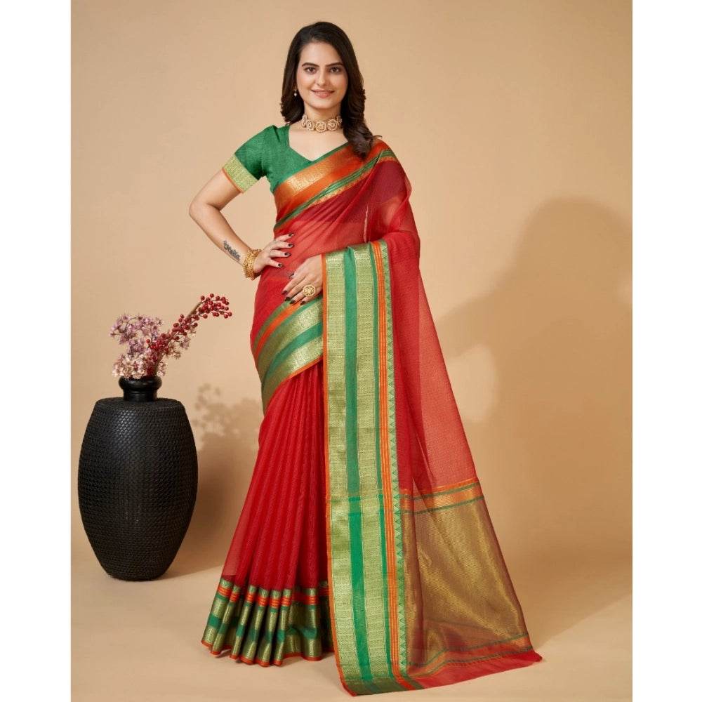 Generic Women's Cotton Blend Woven Saree With Unstitched Blouse (5.5Mtr, Red) - MYLUXURY LANE ENTERPRISE
