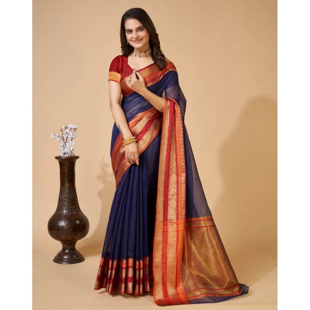 Generic Women's Cotton Blend Woven Saree With Unstitched Blouse (5.5Mtr, Navy Blue) - MYLUXURY LANE ENTERPRISE