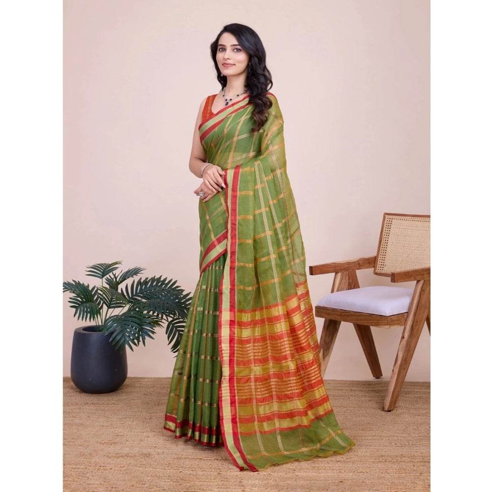 Generic Women's Cotton Silk Checkered Kota Doria Saree With Unstitched Blouse (5.5Mtr, Mehendi) - MYLUXURY LANE ENTERPRISE