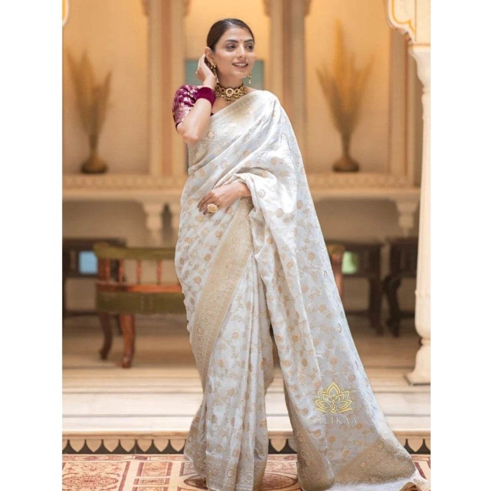 Generic Women's Silk Woven Kanjivaram Saree With Unstitched Blouse (5.5Mtr, White) - MYLUXURY LANE ENTERPRISE