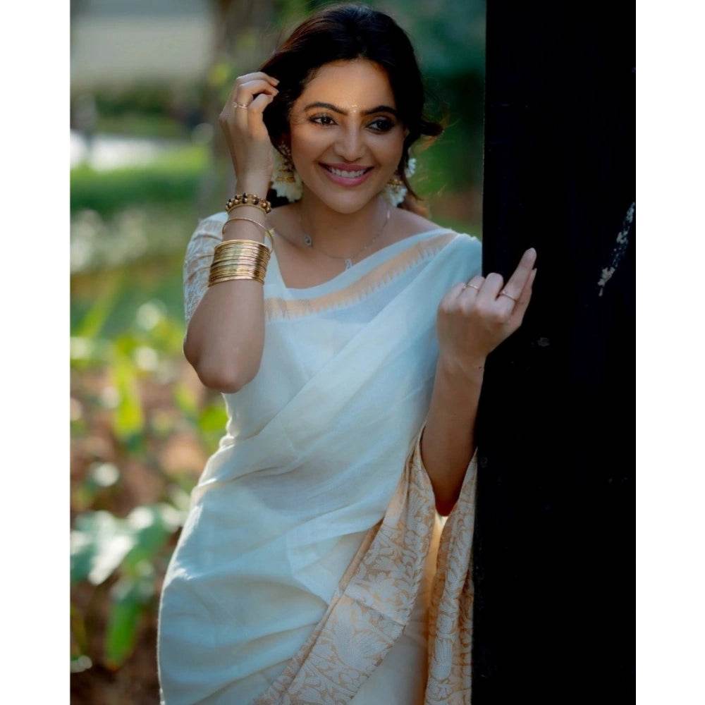 Generic Women's Silk Blend Self Design Bollywood Saree With Unstitched Blouse (5.5Mtr, White) - MYLUXURY LANE ENTERPRISE