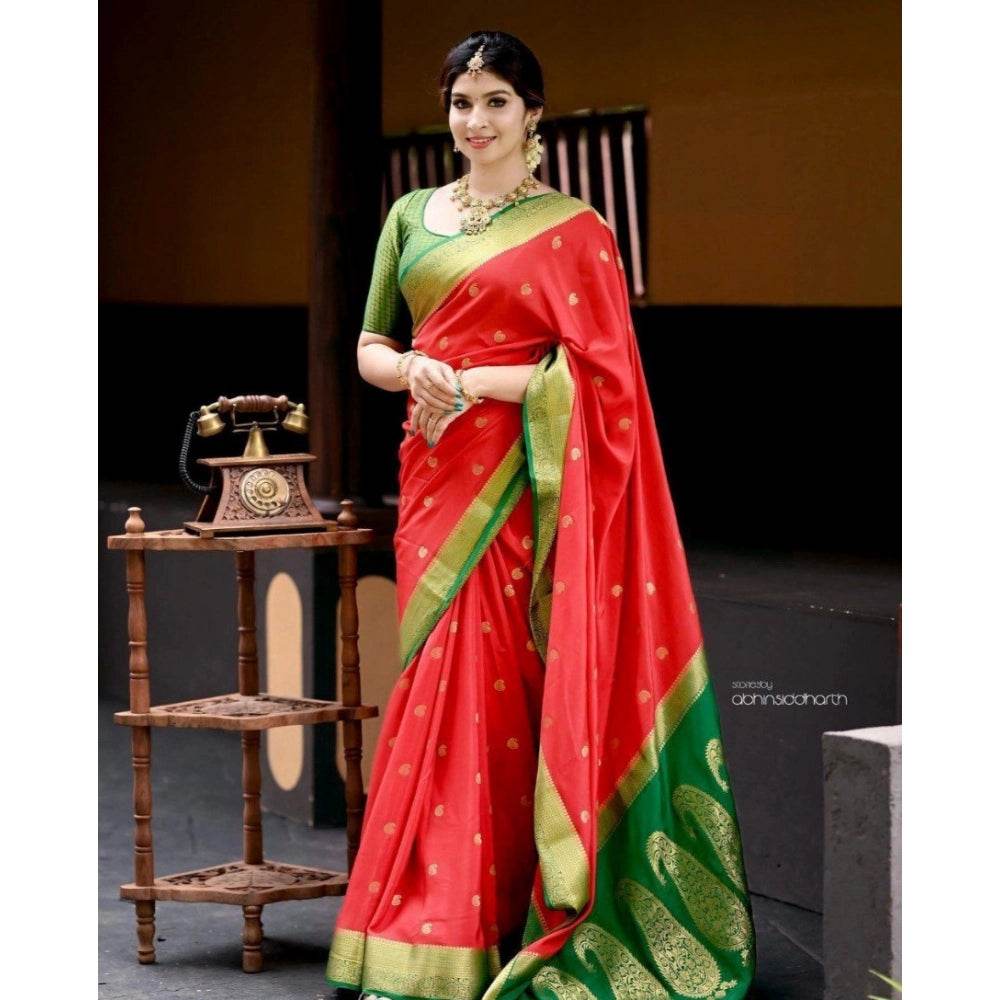 Generic Women's Silk Blend Self Design Banarasi Saree With Unstitched Blouse (5.5Mtr, Red Green) - MYLUXURY LANE ENTERPRISE