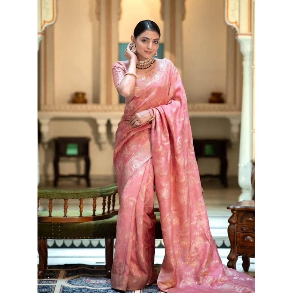 Generic Women's Art Silk Embellished Kanjivaram Saree With Unstitched Blouse (5.5Mtr, Peach) - MYLUXURY LANE ENTERPRISE