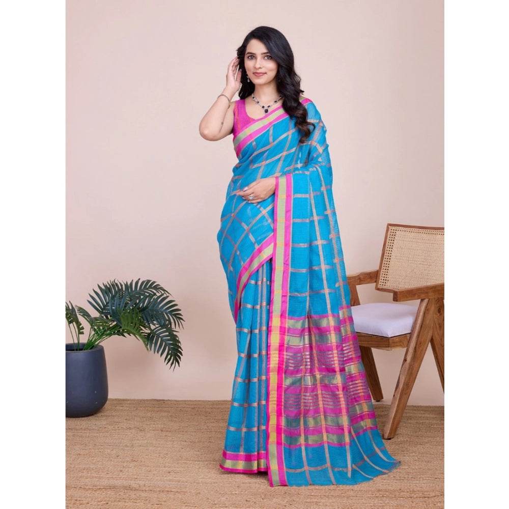 Generic Women's Cotton Silk Checkered Kota Doria Saree With Unstitched Blouse (5.5Mtr, Sky Blue) - MYLUXURY LANE ENTERPRISE