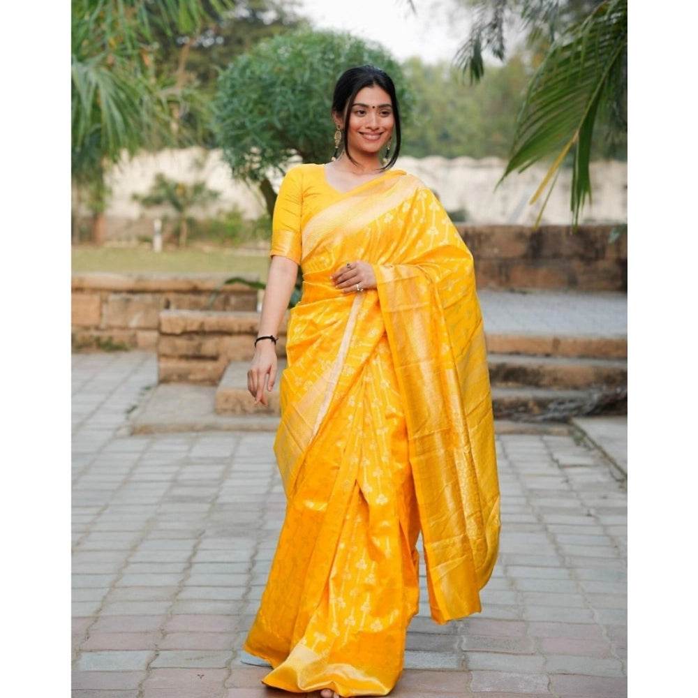 Generic Women's Silk Blend Self Design Banarasi Saree With Unstitched Blouse (5.5Mtr, Yellow) - MYLUXURY LANE ENTERPRISE