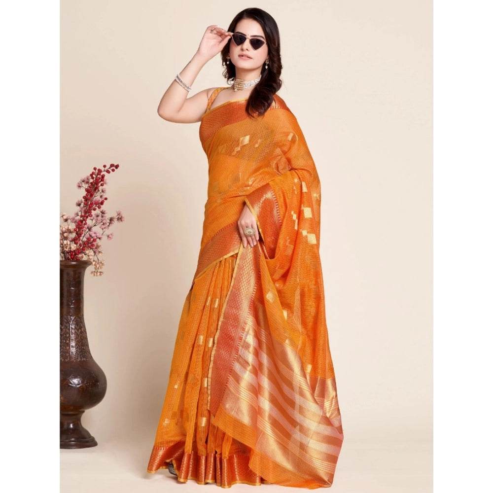 Generic Women's Silk Blend Printed Banarasi Saree With Unstitched Blouse (5.5Mtr, Orange) - MYLUXURY LANE ENTERPRISE