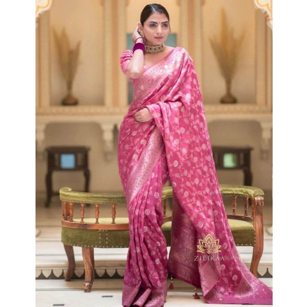 Generic Women's Silk Woven Kanjivaram Saree With Unstitched Blouse (5.5Mtr, Pink) - MYLUXURY LANE ENTERPRISE