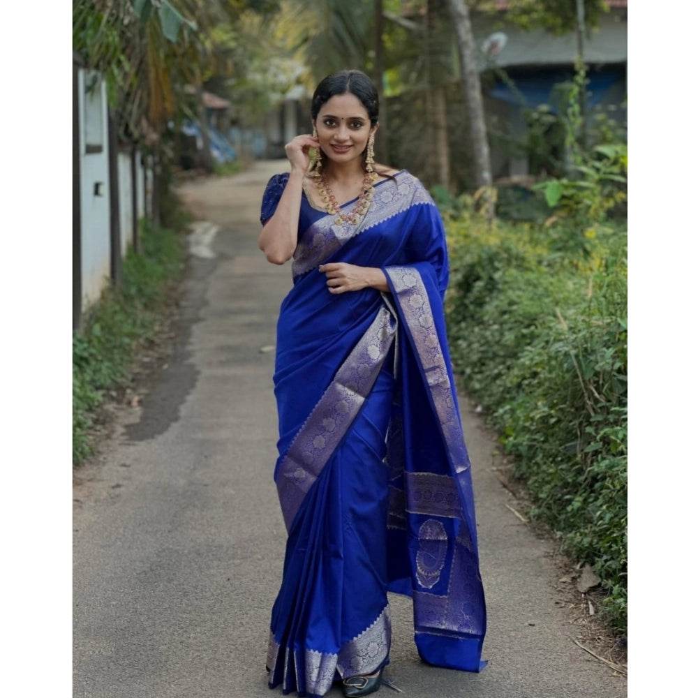 Generic Women's Silk Woven Kanjivaram Saree With Unstitched Blouse (5.5Mtr, Blue) - MYLUXURY LANE ENTERPRISE