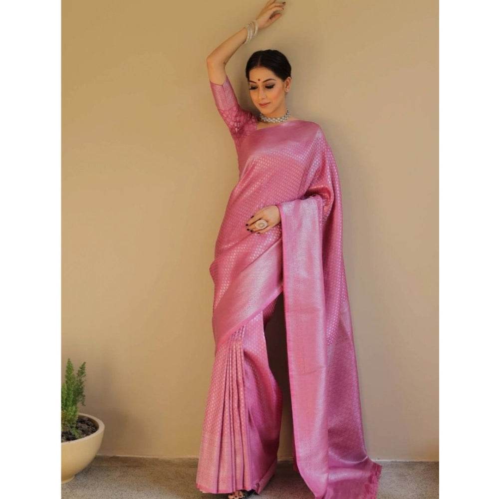 Generic Women's Silk Blend Woven Kanjivaram Saree With Unstitched Blouse (5.5Mtr, Pink) - MYLUXURY LANE ENTERPRISE