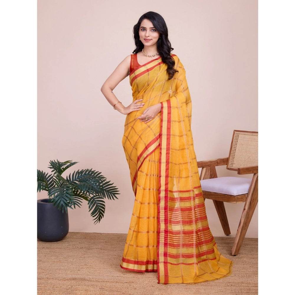 Generic Women's Cotton Silk Checkered Kota Doria Saree With Unstitched Blouse (5.5Mtr, Yellow) - MYLUXURY LANE ENTERPRISE