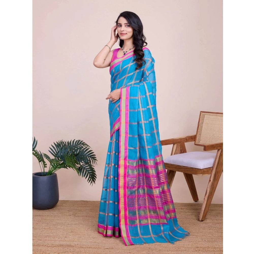 Generic Women's Cotton Silk Checkered Kota Doria Saree With Unstitched Blouse (5.5Mtr, Sky Blue) - MYLUXURY LANE ENTERPRISE