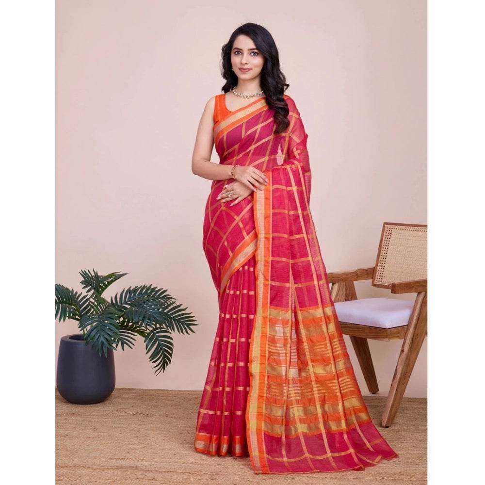Generic Women's Cotton Silk Checkered Kota Doria Saree With Unstitched Blouse (5.5Mtr, Red) - MYLUXURY LANE ENTERPRISE