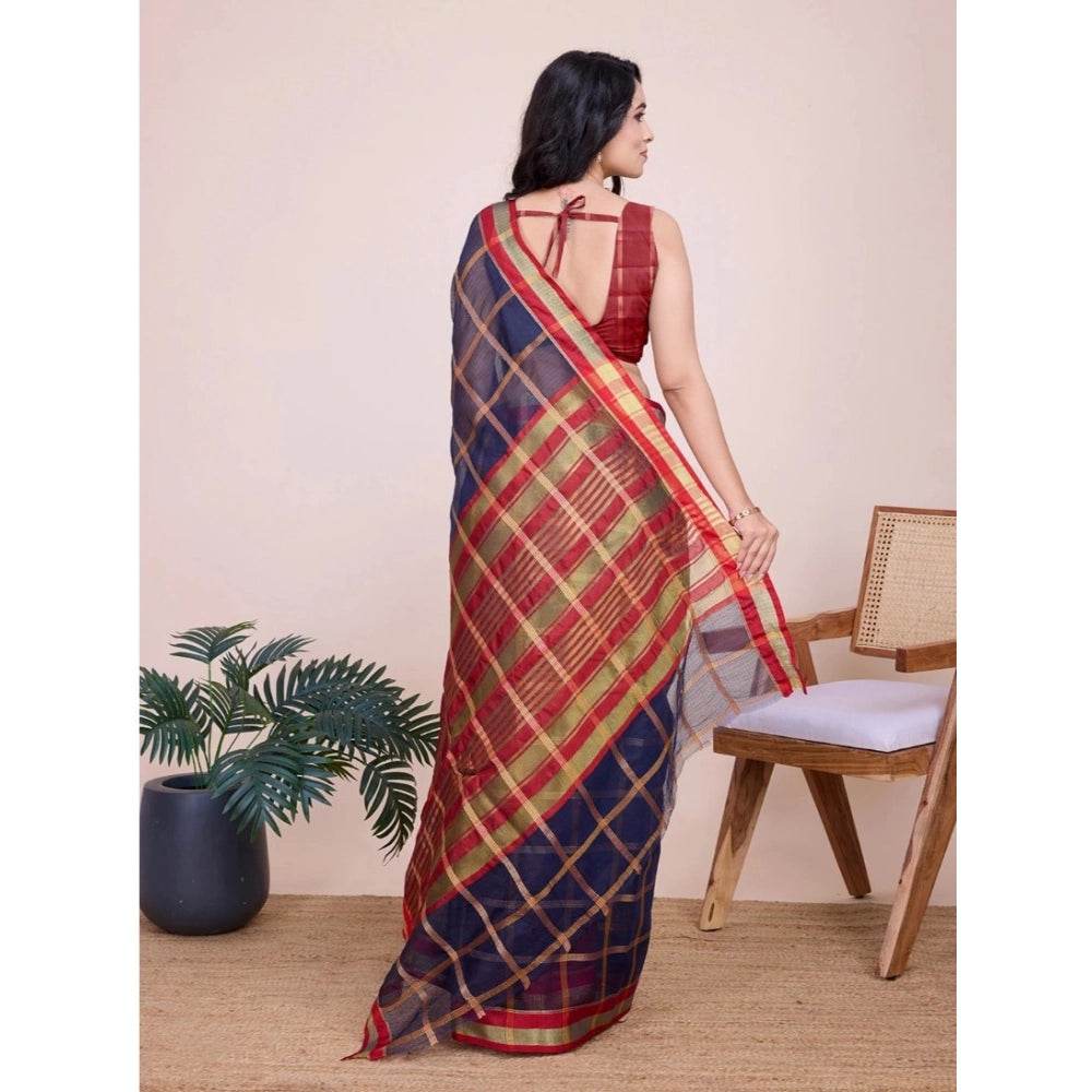 Generic Women's Cotton Silk Checkered Kota Doria Saree With Unstitched Blouse (5.5Mtr, Navy Blue) - MYLUXURY LANE ENTERPRISE