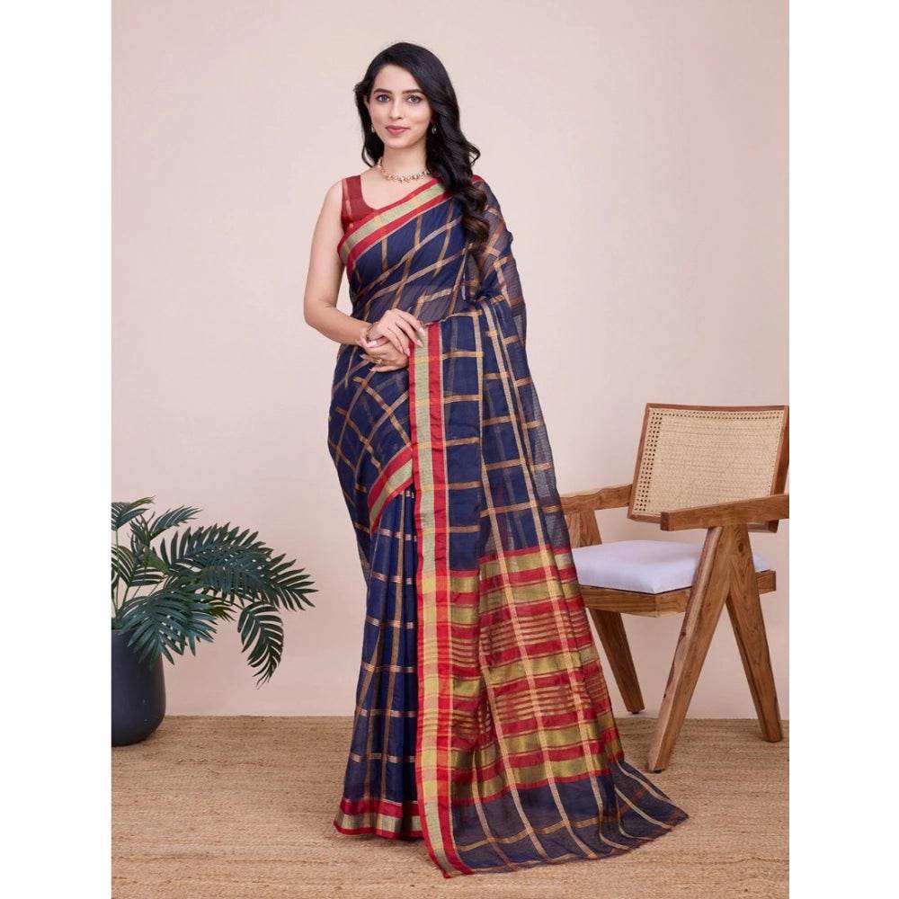 Generic Women's Cotton Silk Checkered Kota Doria Saree With Unstitched Blouse (5.5Mtr, Navy Blue) - MYLUXURY LANE ENTERPRISE