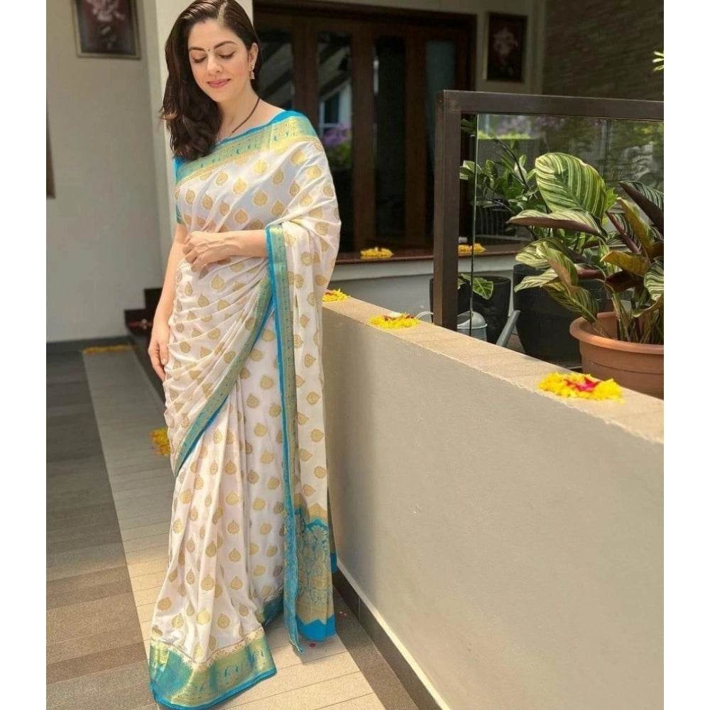 Generic Women's Silk Blend Woven Kanjivaram Saree With Unstitched Blouse (5.5Mtr, White Rama) - MYLUXURY LANE ENTERPRISE