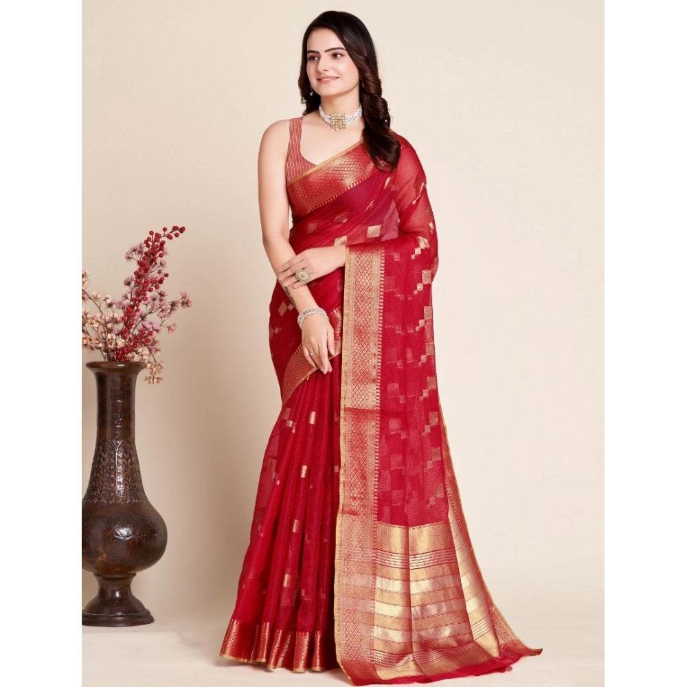 Generic Women's Silk Blend Printed Banarasi Saree With Unstitched Blouse (5.5Mtr, Dark Rani) - MYLUXURY LANE ENTERPRISE