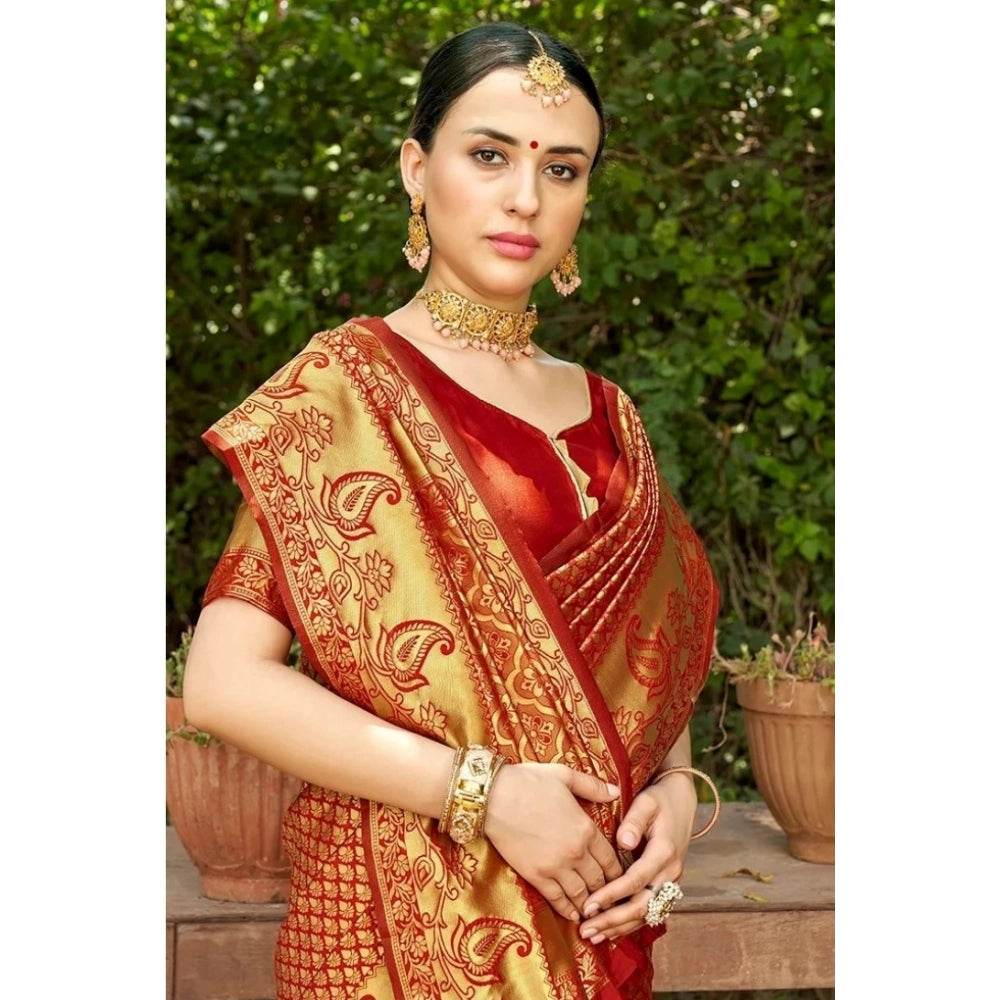 Generic Women's Silk Woven Kanjivaram Saree With Unstitched Blouse (5.5Mtr, Red) - MYLUXURY LANE ENTERPRISE
