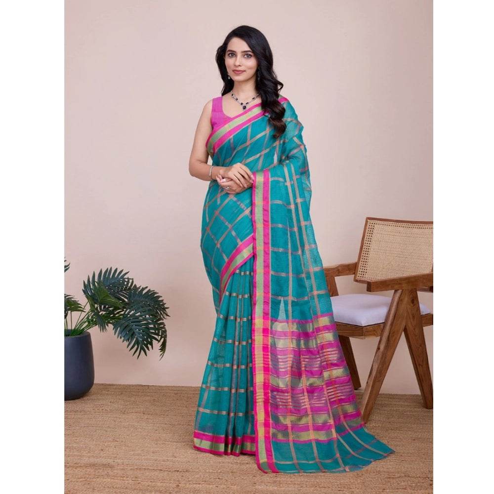 Generic Women's Cotton Silk Checkered Kota Doria Saree With Unstitched Blouse (5.5Mtr, Rama) - MYLUXURY LANE ENTERPRISE