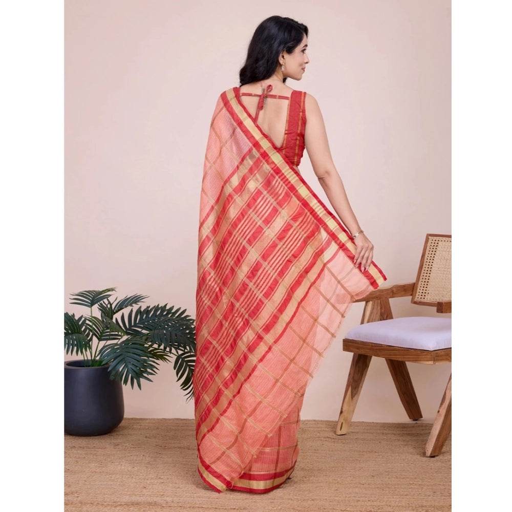 Generic Women's Cotton Silk Checkered Kota Doria Saree With Unstitched Blouse (5.5Mtr, Peach) - MYLUXURY LANE ENTERPRISE