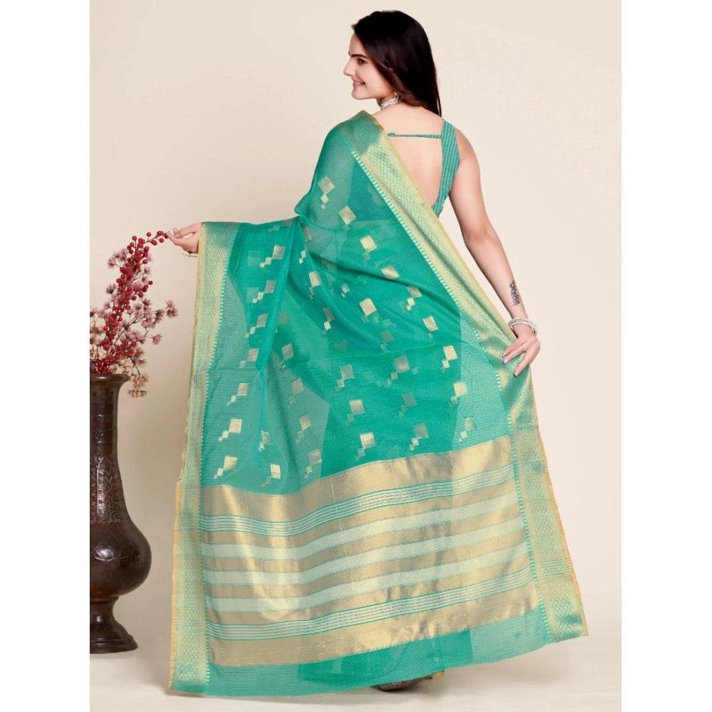 Generic Women's Silk Blend Printed Banarasi Saree With Unstitched Blouse (5.5Mtr, Rama Green) - MYLUXURY LANE ENTERPRISE