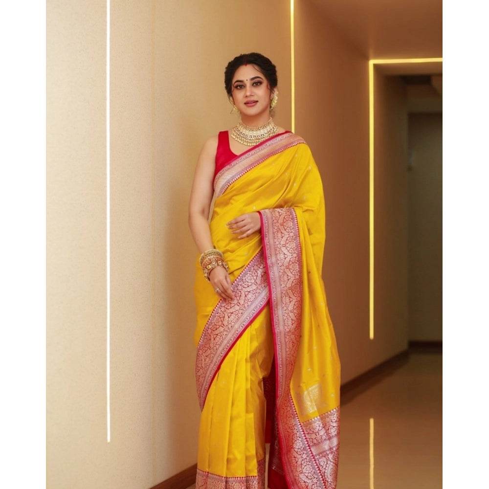 Generic Women's Silk Blend Self Design Banarasi Saree With Unstitched Blouse (5.5Mtr, Yellow Red) - MYLUXURY LANE ENTERPRISE
