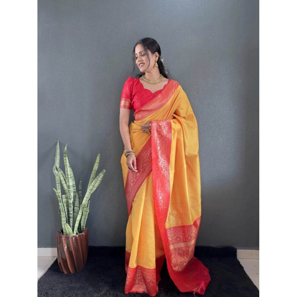 Generic Women's Silk Blend Woven Kanjivaram Saree With Unstitched Blouse (5.5Mtr, Yellow Red) - MYLUXURY LANE ENTERPRISE