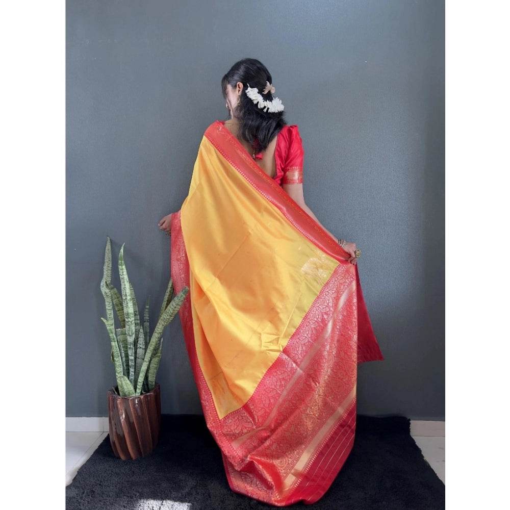 Generic Women's Silk Blend Woven Kanjivaram Saree With Unstitched Blouse (5.5Mtr, Yellow Red) - MYLUXURY LANE ENTERPRISE