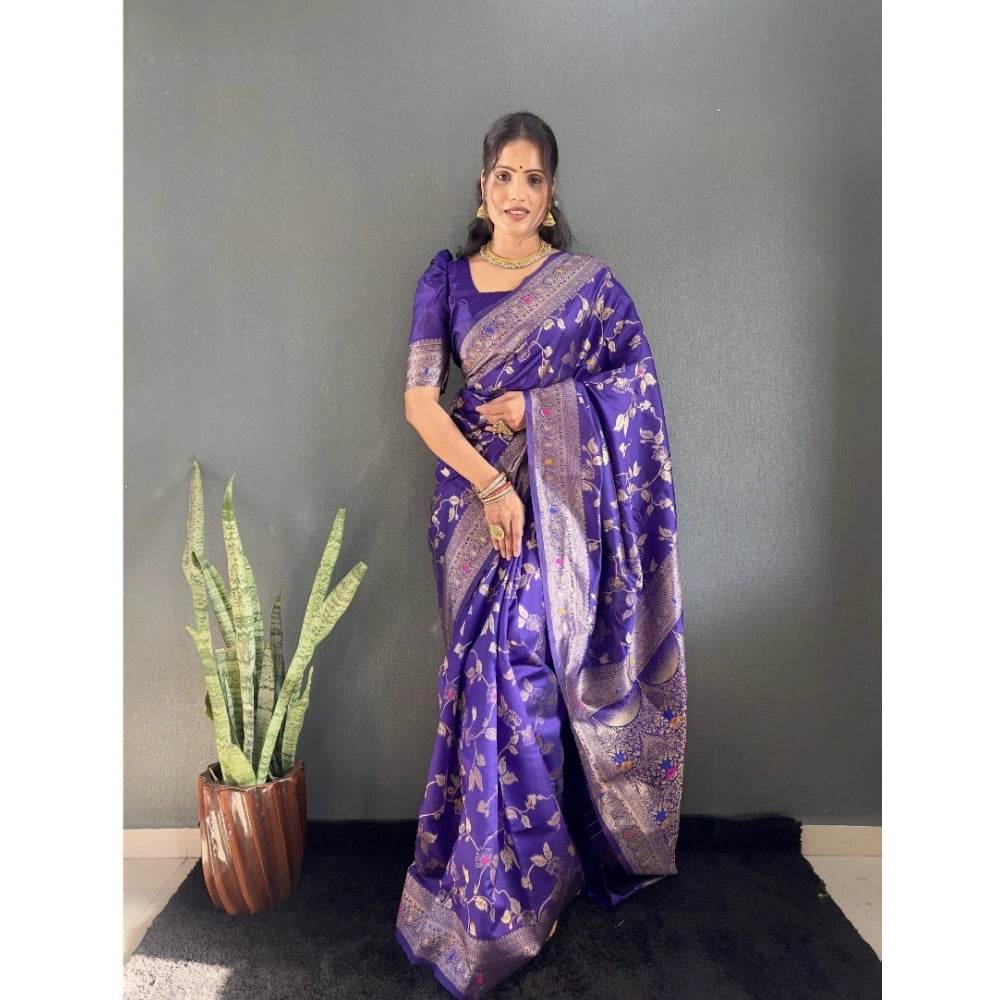 Generic Women's Silk Blend Woven Kanjivaram Saree With Unstitched Blouse (5.5Mtr, Purple) - MYLUXURY LANE ENTERPRISE