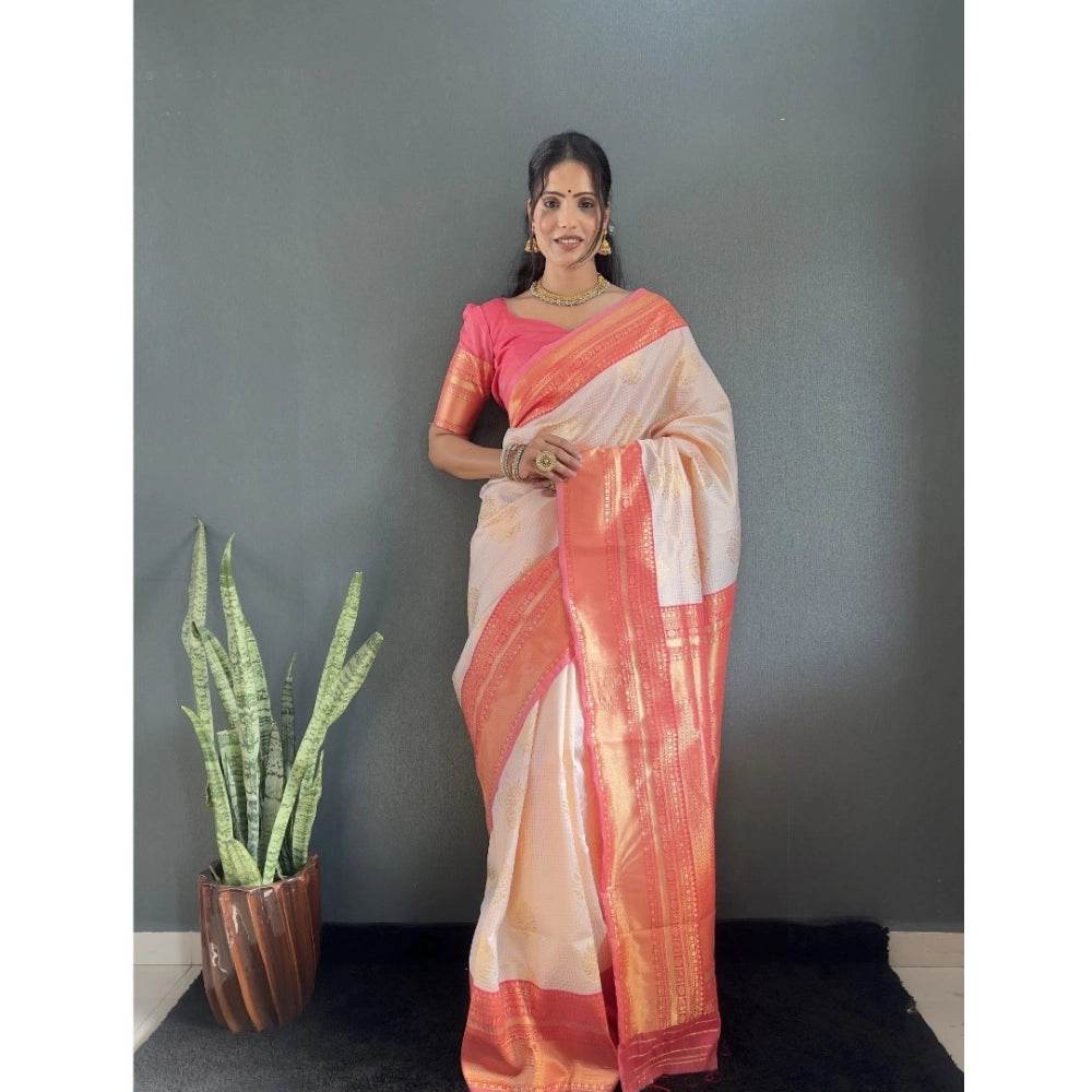 Generic Women's Silk Blend Woven Kanjivaram Saree With Unstitched Blouse (5.5Mtr, Peach) - MYLUXURY LANE ENTERPRISE