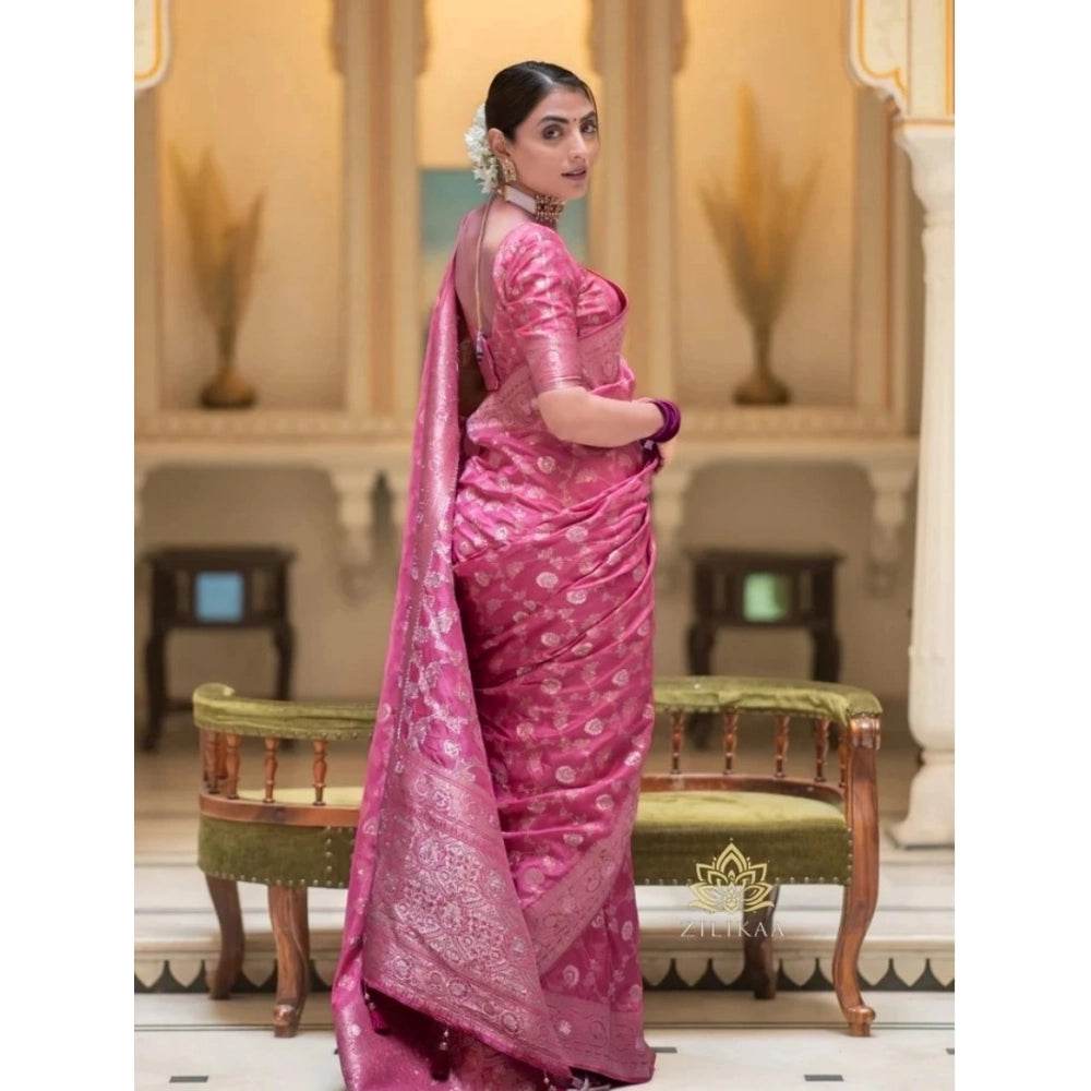 Generic Women's Silk Woven Kanjivaram Saree With Unstitched Blouse (5.5Mtr, Pink) - MYLUXURY LANE ENTERPRISE