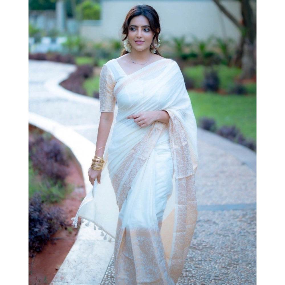 Generic Women's Silk Blend Self Design Bollywood Saree With Unstitched Blouse (5.5Mtr, White) - MYLUXURY LANE ENTERPRISE