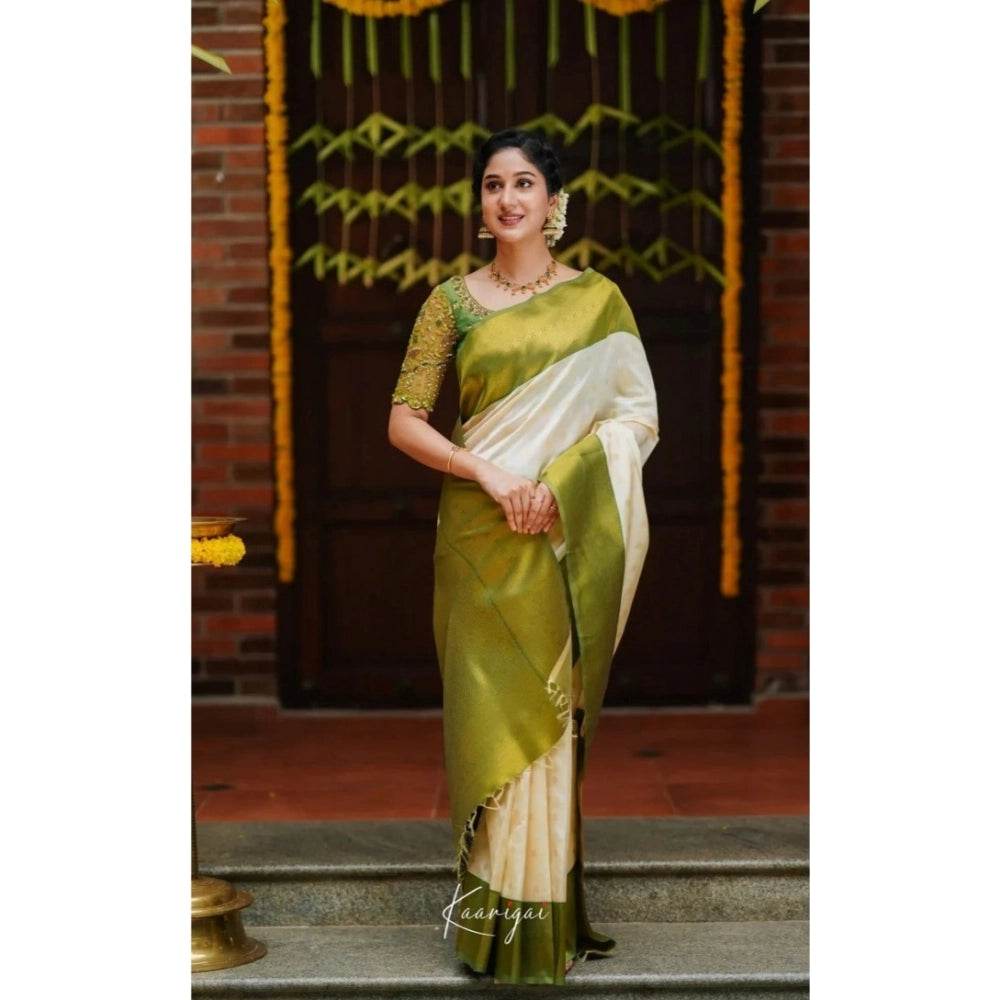 Generic Women's Silk Blend Self Design Banarasi Saree With Unstitched Blouse (5.5Mtr, White Green) - MYLUXURY LANE ENTERPRISE