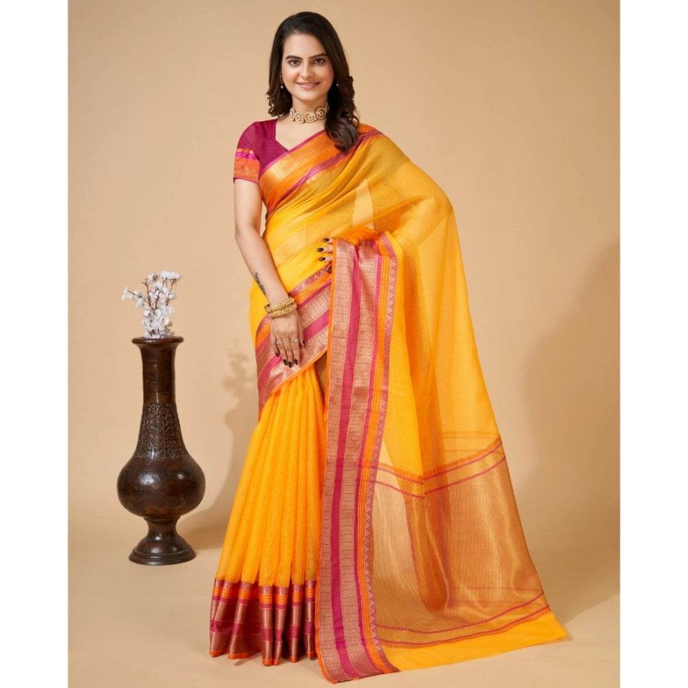 Generic Women's Cotton Blend Woven Saree With Unstitched Blouse (5.5Mtr, Yellow) - MYLUXURY LANE ENTERPRISE