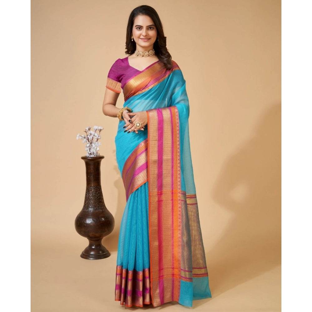 Generic Women's Cotton Blend Woven Saree With Unstitched Blouse (5.5Mtr, Blue) - MYLUXURY LANE ENTERPRISE