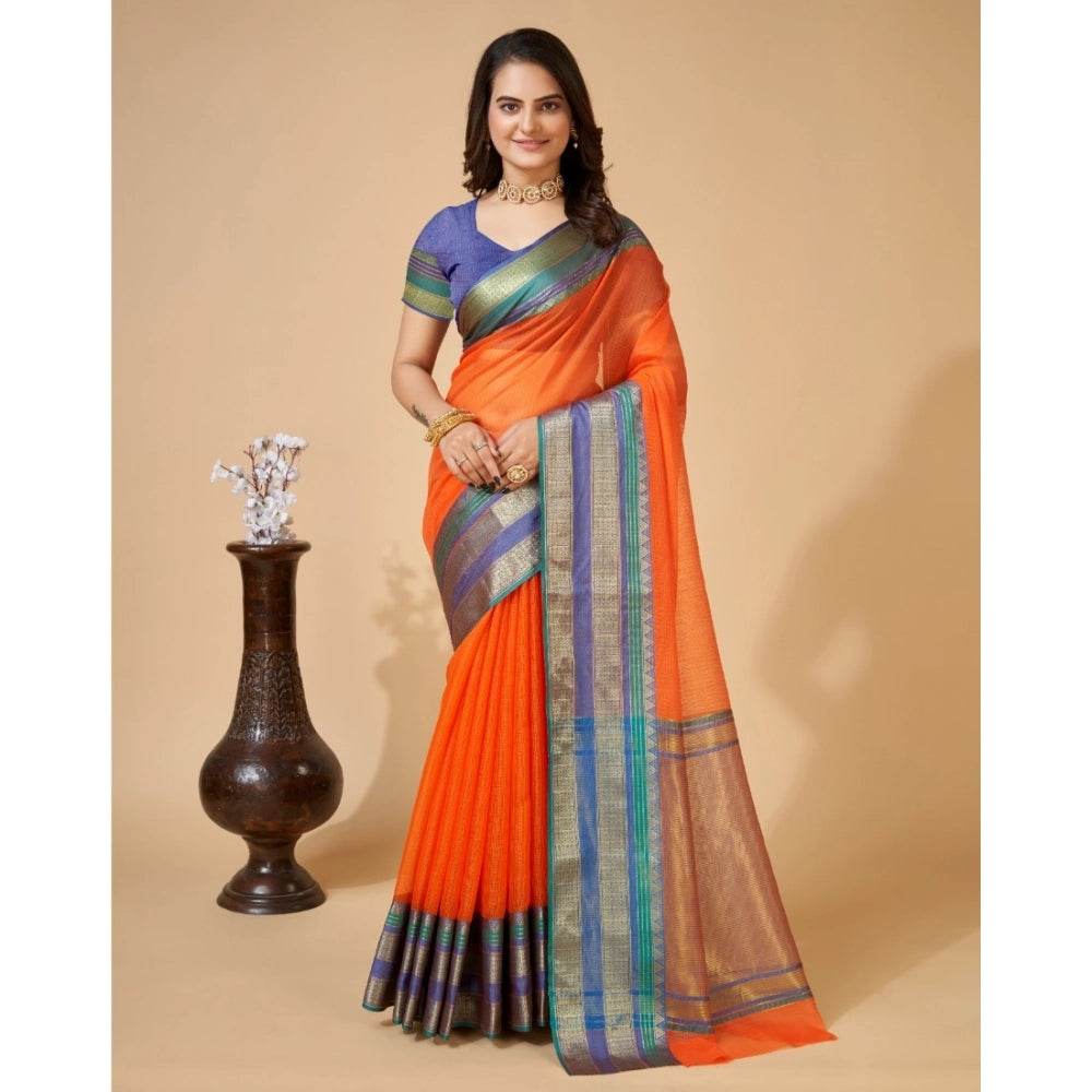 Generic Women's Cotton Blend Woven Saree With Unstitched Blouse (5.5Mtr, Orange) - MYLUXURY LANE ENTERPRISE