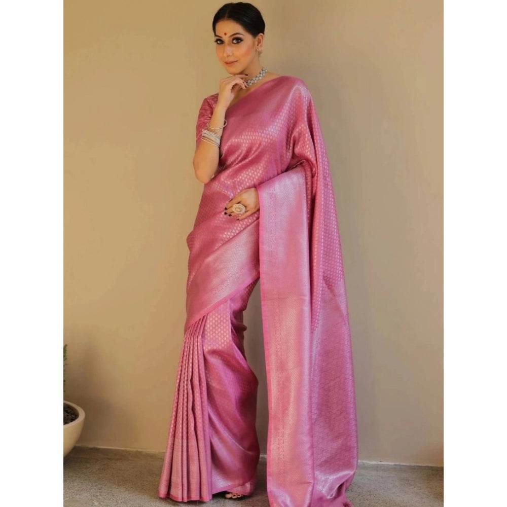 Generic Women's Silk Blend Woven Kanjivaram Saree With Unstitched Blouse (5.5Mtr, Pink) - MYLUXURY LANE ENTERPRISE