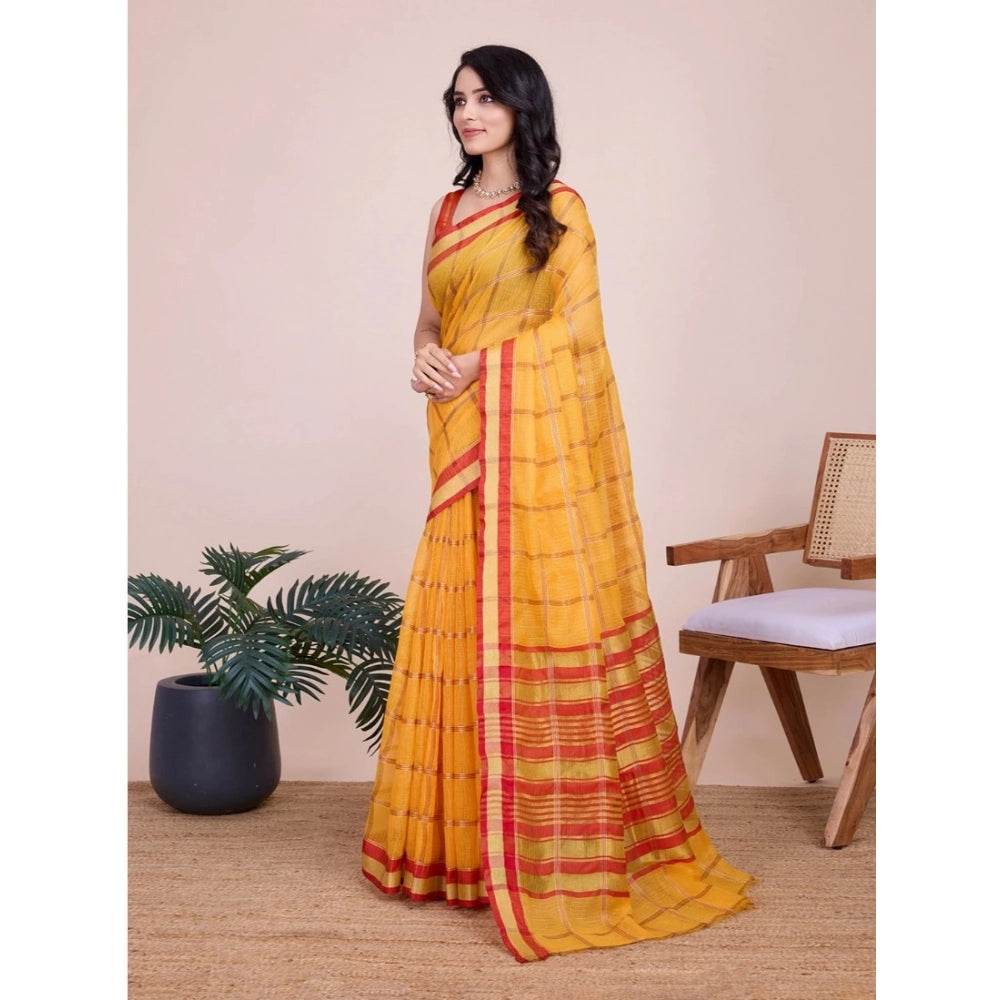 Generic Women's Cotton Silk Checkered Kota Doria Saree With Unstitched Blouse (5.5Mtr, Yellow) - MYLUXURY LANE ENTERPRISE