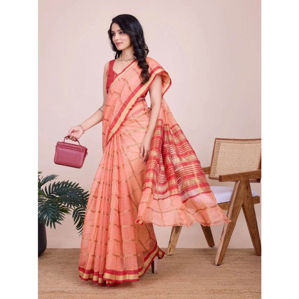 Generic Women's Cotton Silk Checkered Kota Doria Saree With Unstitched Blouse (5.5Mtr, Peach) - MYLUXURY LANE ENTERPRISE
