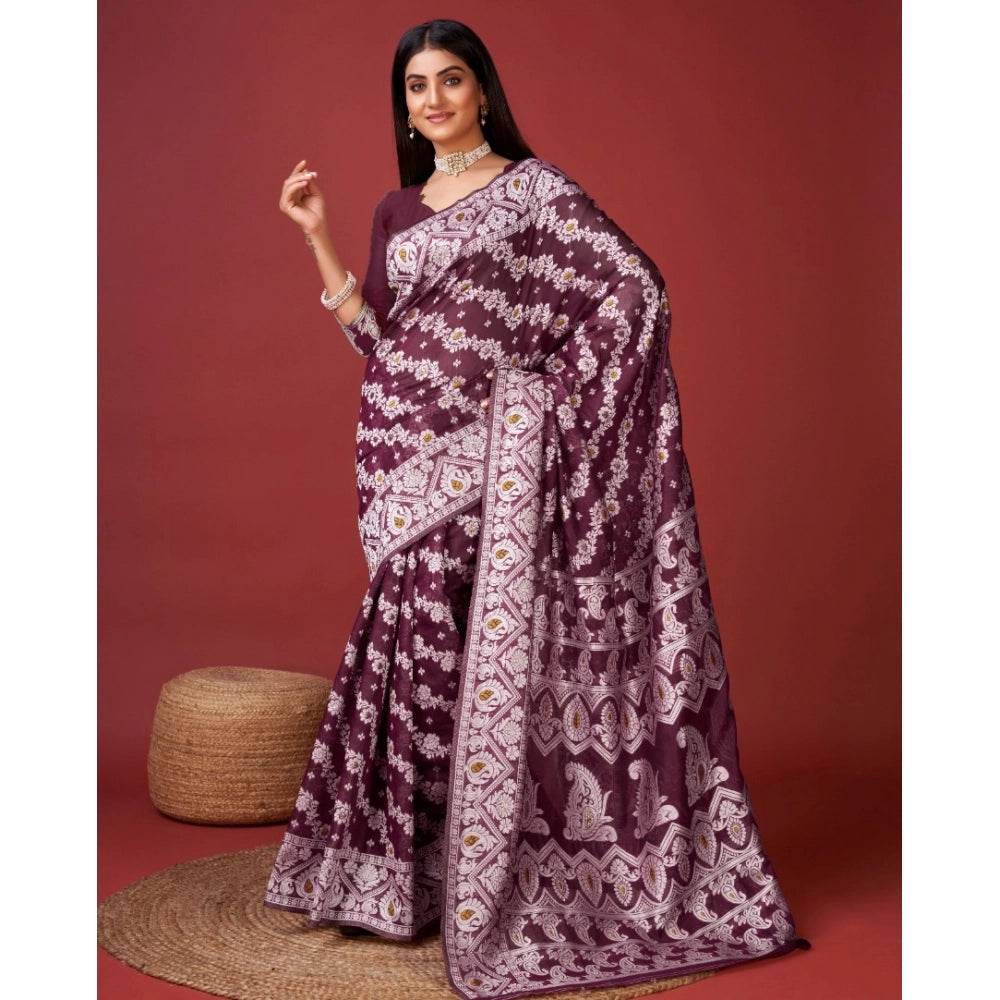 Generic Women's Cotton Silk Printed Saree With Unstitched Blouse 5.5Mtr (Purple) - MYLUXURY LANE ENTERPRISE