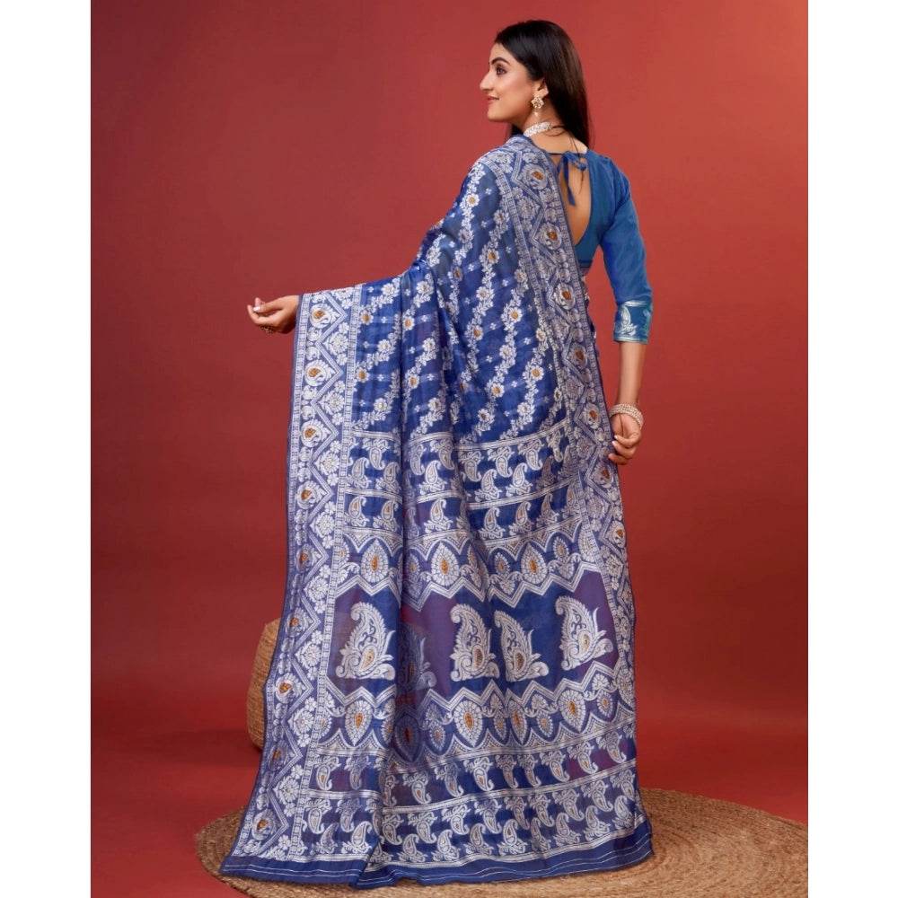 Generic Women's Cotton Silk Printed Saree With Unstitched Blouse 5.5Mtr (Blue) - MYLUXURY LANE ENTERPRISE