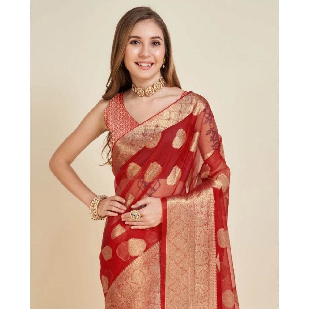 Generic Women's Soft Organza Silk Weaving Design Saree With Unstitched Blouse 5.5Mtr (Red) - MYLUXURY LANE ENTERPRISE
