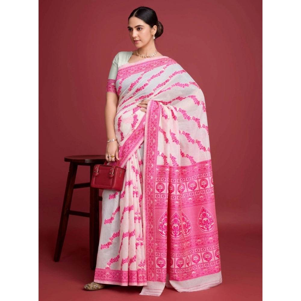 Generic Women's Jamdani Cotton Silk Printed Saree With Unstitched Blouse 5.5Mtr (Pink) - MYLUXURY LANE ENTERPRISE